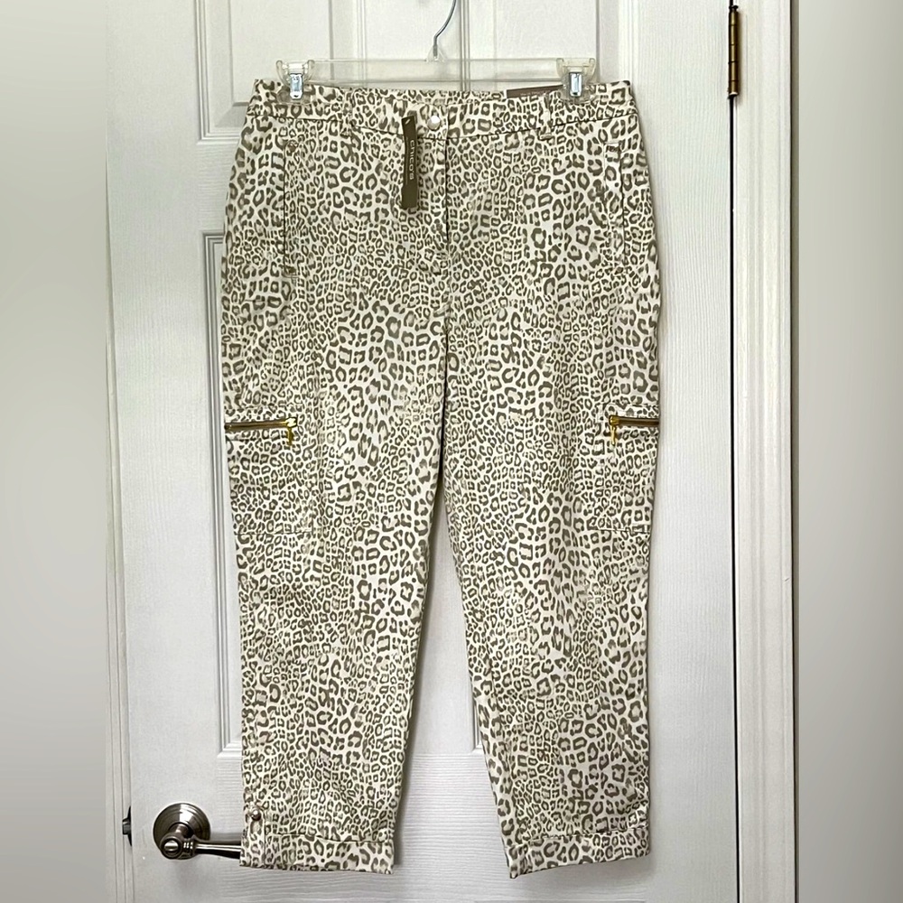 NWT Chico's Luxe Twill Leopard Print Utility Crop Pants Comfort Gold Hardware